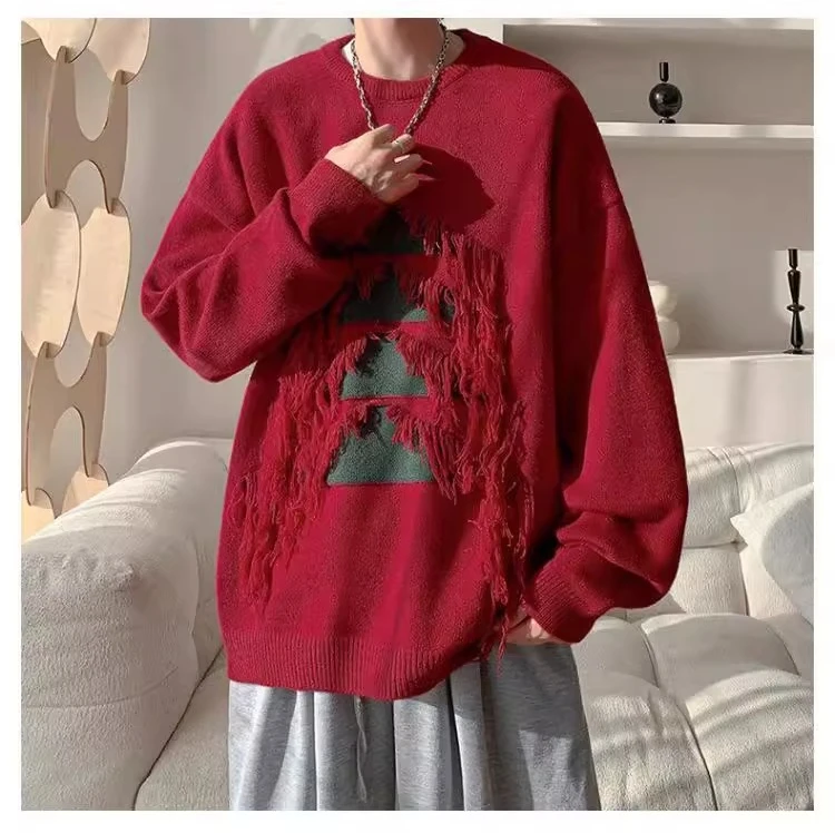 Autumn Winter New Hot Sale Men's Wine Red Christmas Tree High-end Tassel Loose Casual Black Pullover Knitted Sweater