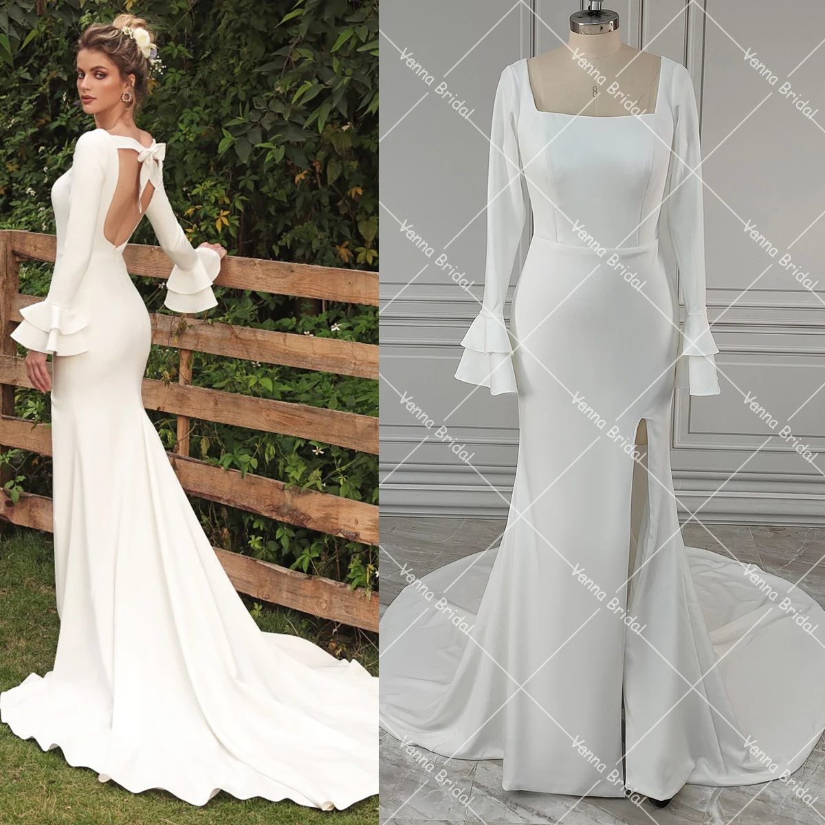 Long Sleeves Scoop Square Neckline Crepe Wedding Dress Bow Knotted Open Back Flare High Slit Simple Flowy Mermaid Bridal Gowns