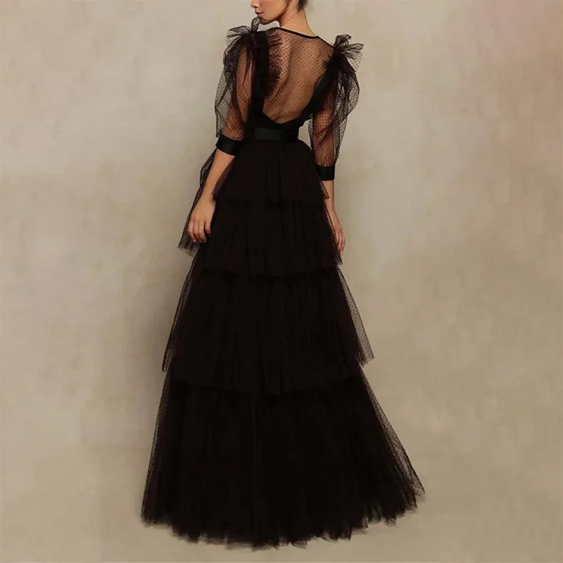 Black Long Tiered Prom Dresses for Women Tulle V-Neck Floor-Length A-Line Special Events Wedding Gala Evening Party Dress 2023