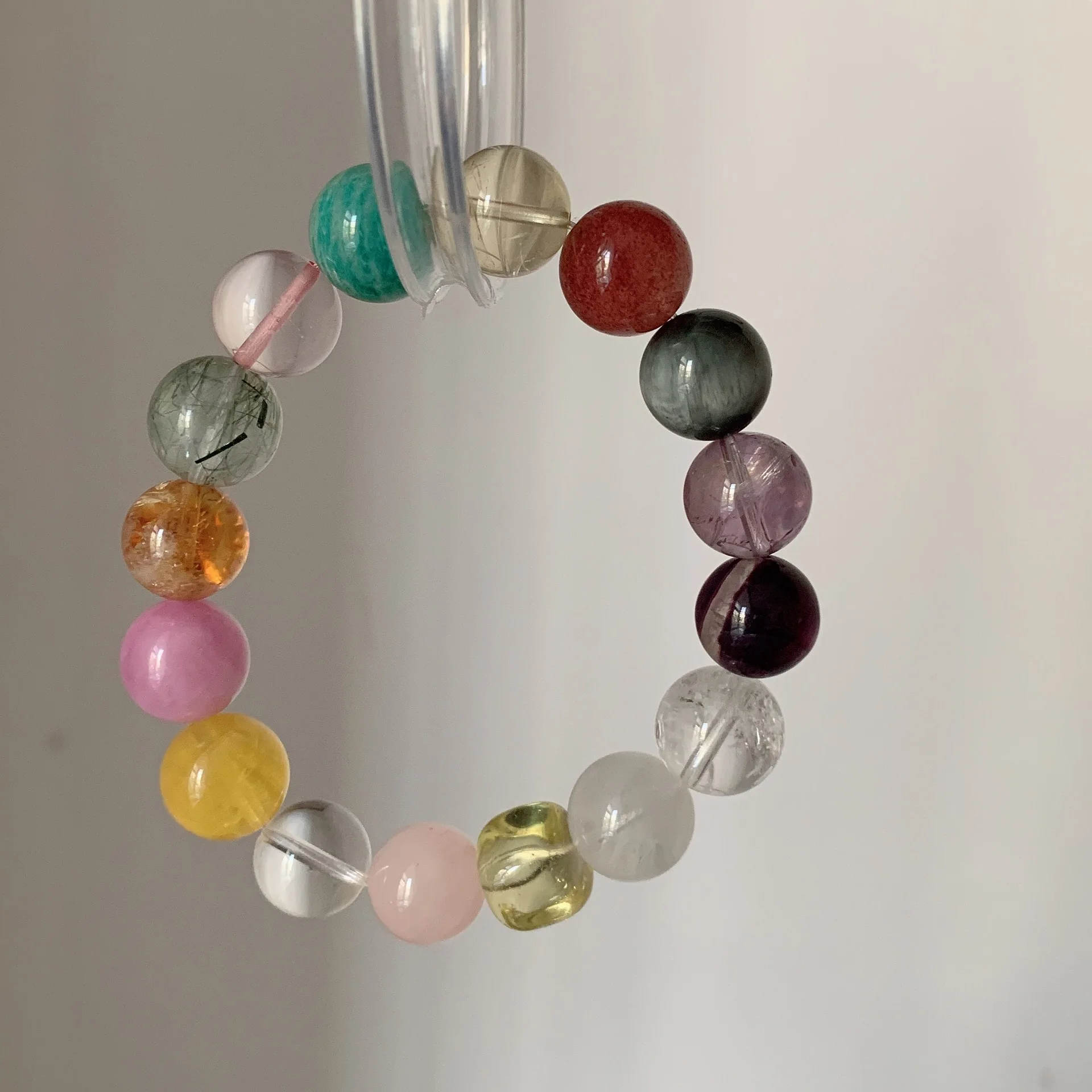 Chinese Style Lucky Natural Crystal Bracelet 12mm Multi Gem Yellow Fluorite Purple Mica Amethyst Amazonite Green Rutilated Quart
