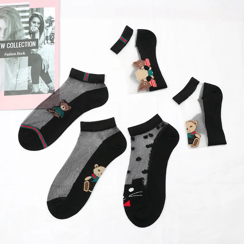 Calzini da donna con motivo a orso di cartone animato calzini da barca con fondo corto in cotone calze trasparenti calze da donna Kawaii calze di