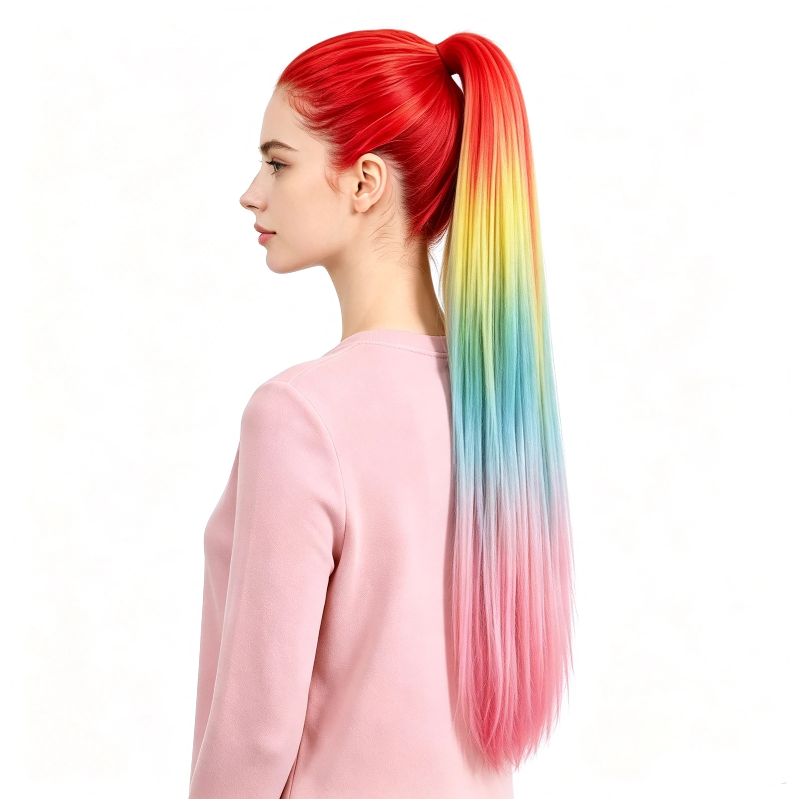 Rainbow Gradient Straight Ponytail Hair Extension Claw Clip In Synthetic Ponytails For Cosplay Party Halloween