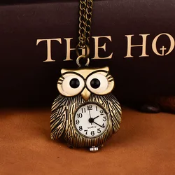 Cartoon Women's Man Owl Pocket Watch Cute Mini Antique Bronze Color Quartz Necklace Pocket Watch For Giving Family Birthday Gift