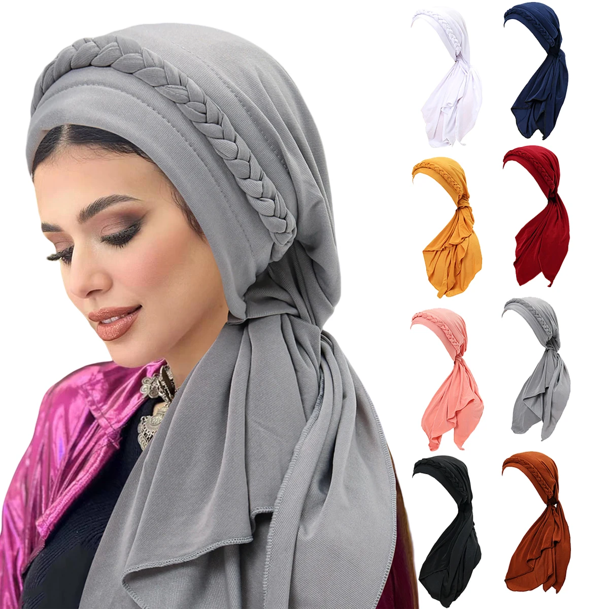 

Solid Color Muslim Hijabs Ladies Headscarf Turban Hat Braided Design Hair Cover Trendy Accessory Women's Hairband Cap