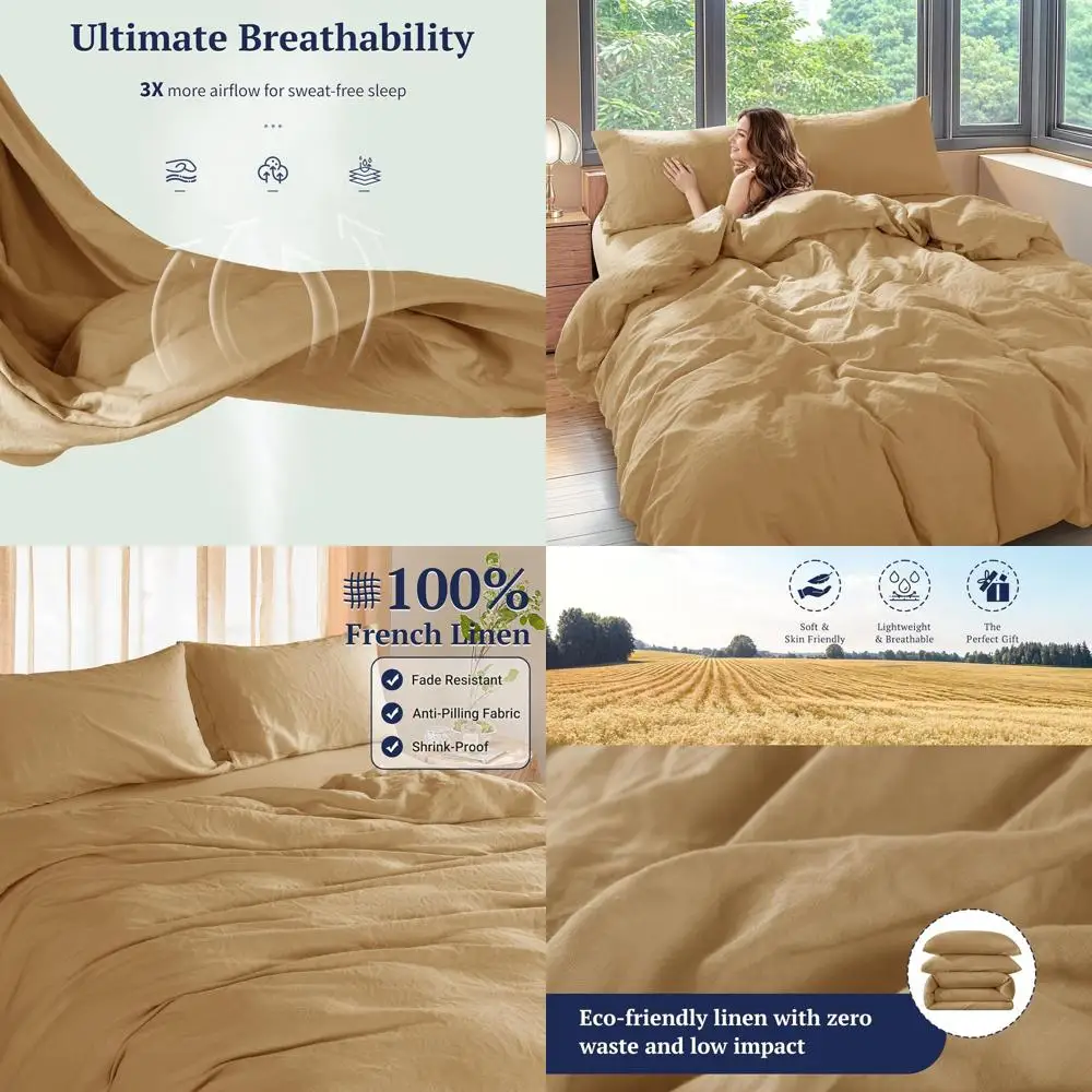 

Роскошный комплект пододеяльников из французского льна, 100% натуральный лен, охлаждающий и дышащий, 3-х предмета с застежкой-молнией и завязками, California King, Rust