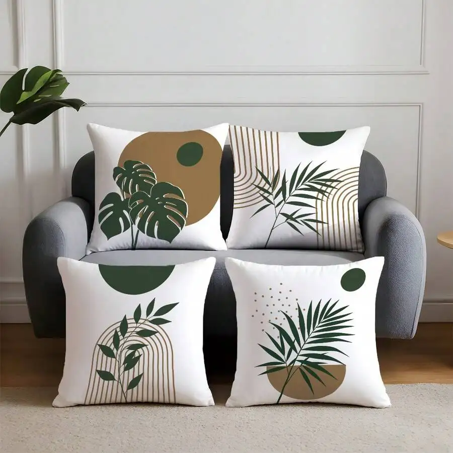 

4pcs Bohemian Minimalist Plant & Geometric Throw Pillow Covers, Single-Sided Printed Soft Peach Velvet Fabric, 45*45CM Cushion C