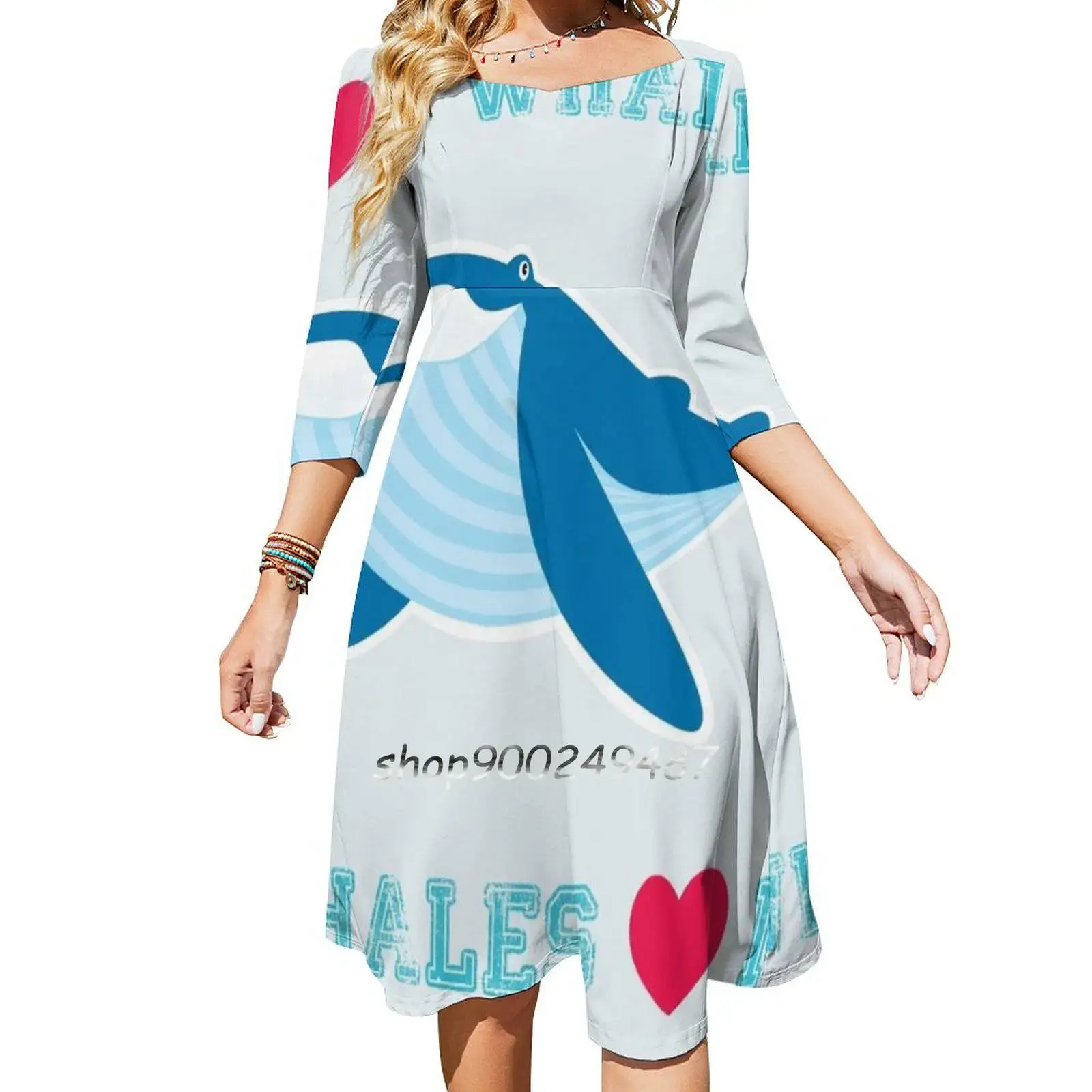 I Love Whales , Whales Loves Me Women Spring Autumn Long Sleeve Dress Female Casual Dress Cartoon Love Vector Cute Whale Heart