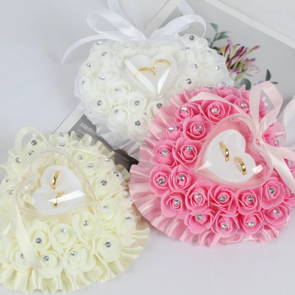 Romantische Hochzeit Elfenbein Satin Kristall Ringträger Kissen Kissen Ring Kissen Herzform für Verlobung Vorschlagen Ehe Dekor – Detail 2