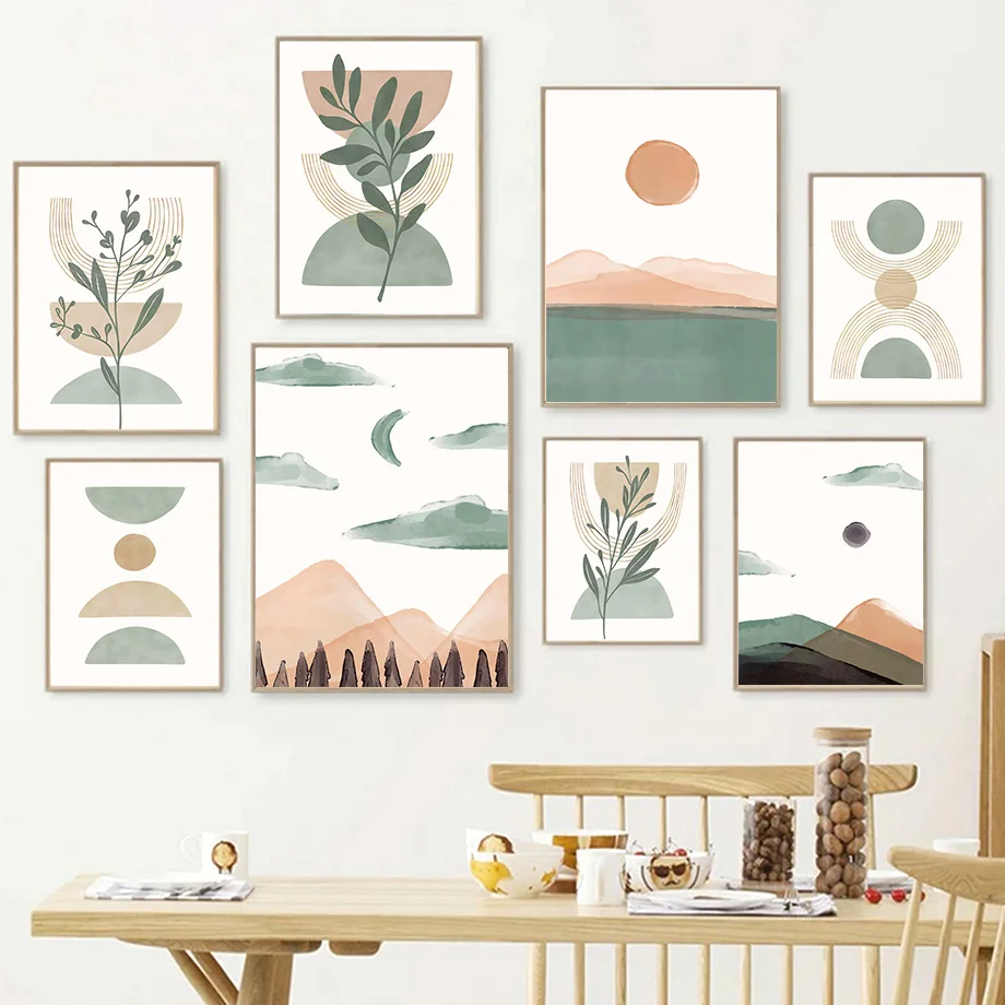 1pcs(No frame)Abstract Mountain Leaf Sun Rainbow Geometry Landscape Posters And Prints Wall Art Canvas Painting Pictures For