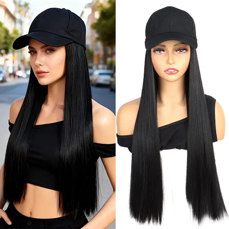 24Inch Synthetic Black Baseball Cap Long Straight Wig Soft Adjustable Fashion Hat Wig for Women Daily Outdoor Fashion Casual