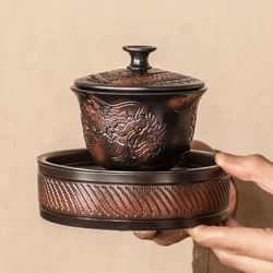 Jianshui Purple Pottery Gaiwan Dragon Handmade Household Kung Fu Tea Set Tea Bowl Tea Cup Tea Maker Tea Ceremony Tea Tureen