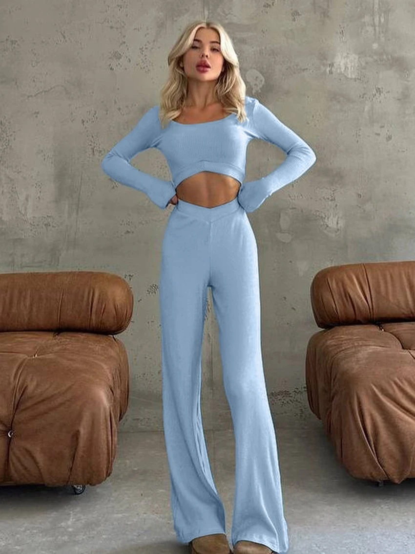 

Marthaqiqi Knitted Women'S Sleepwear Set Long Sleeve Pajamas O-Neck Nightie Crop Top Nightgowns Pants Casual Ladies Home Clothes