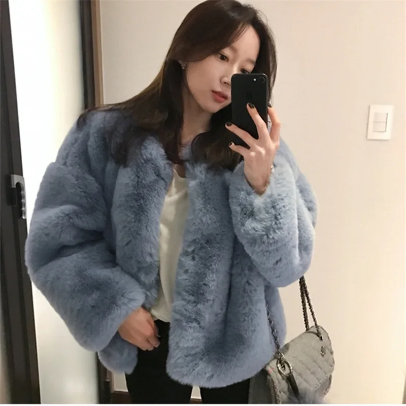 Sky Blue Short Faux Fox Fur Jacket Women Winter Fluffy Coat 2024 New Long Sleeves Plush Fur Coats Artificial Overcoat Streetwear