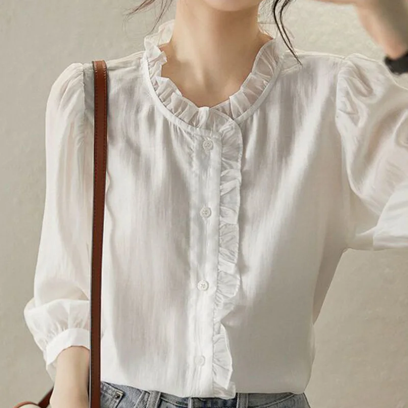 2024 New Summer Office Lady Sweat Retro Elegant Fashion Korean Style Women\'s Shirt Button O Neck 3/4 Sleeve Chic Chiffon Tops