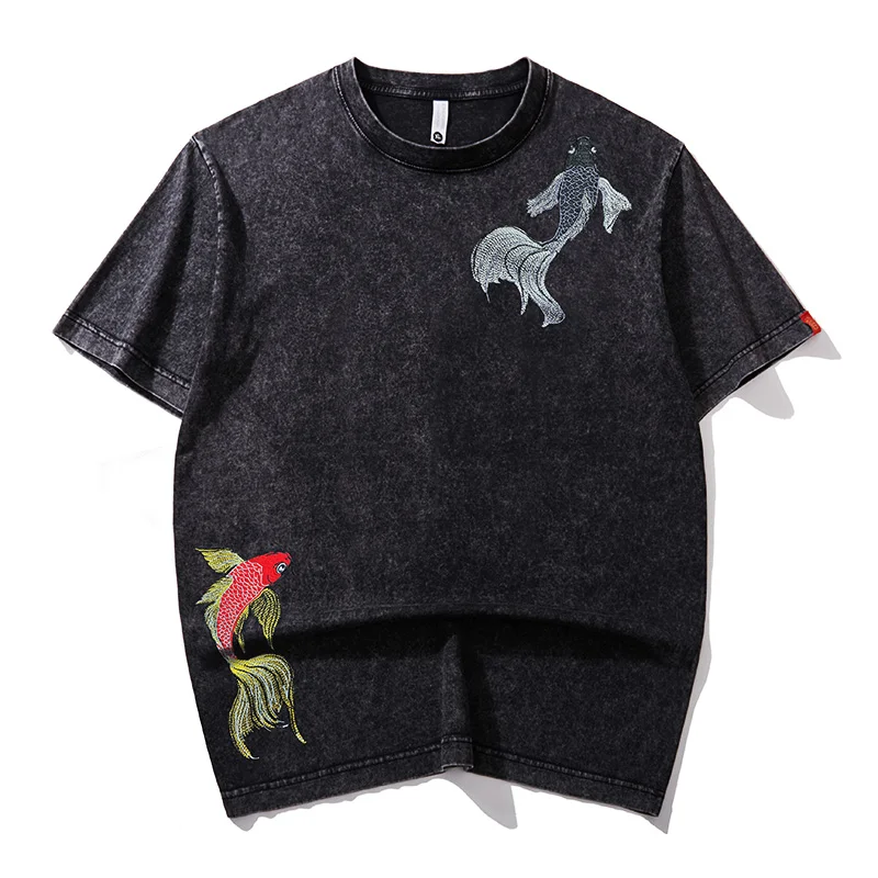 

Vintage Hip Hop T Shirt Man Embroidery Washed T-shirt Women Chinese Carp Loose Harajuku Tees Short Sleeve Designer Streetwear