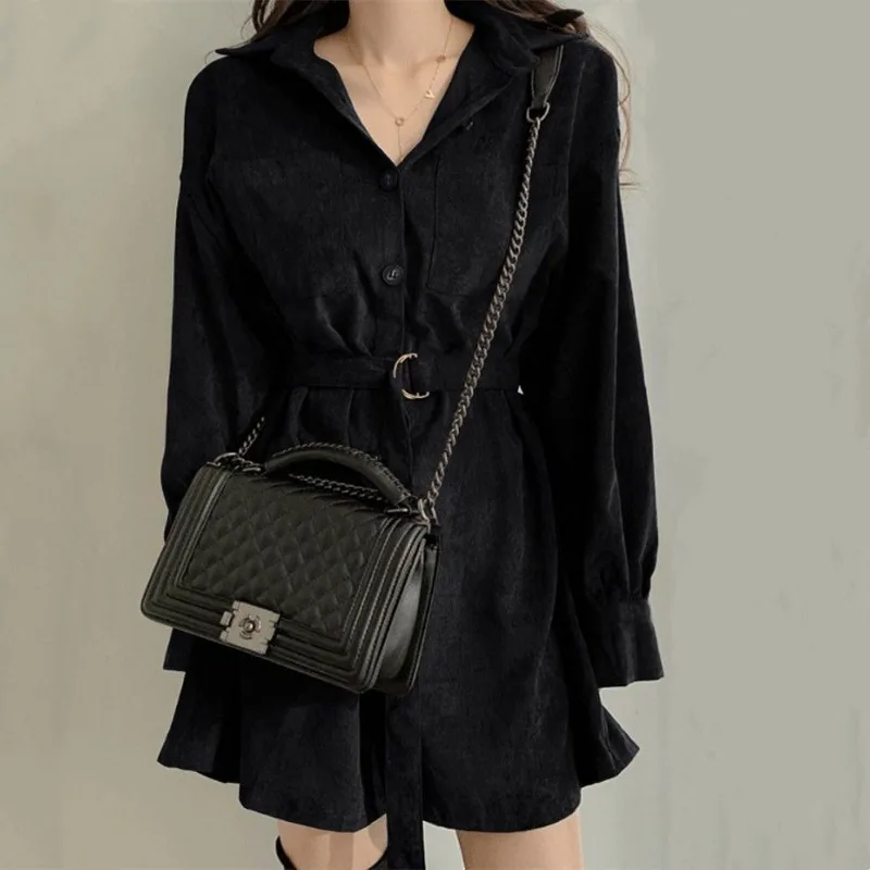 New Women's Spliced   POLO Collar Buttons Fashionable Slim Spring and Autumn Shirt Dress