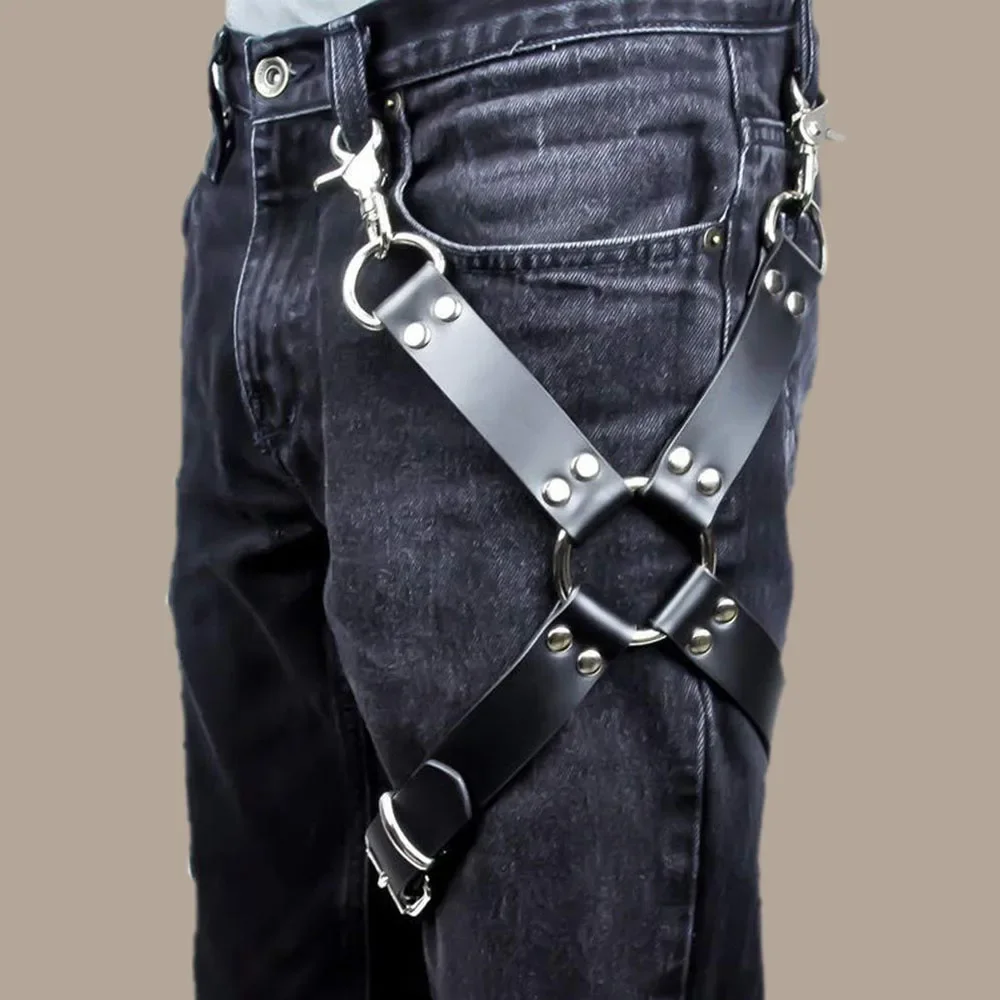 

UYEE Punk Suspender Men Pu Leather Harness Garter Bondage Leg Belt Suspenders for Jeans Pants Accessories Adjustable Keychain