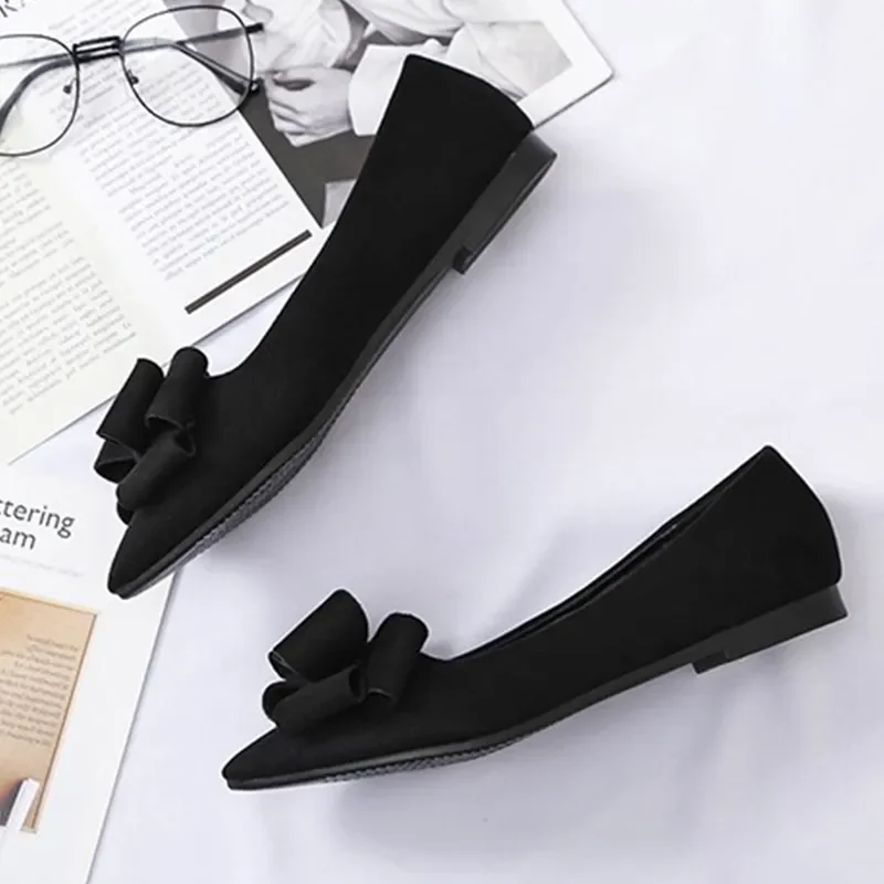 Women Fashion Green Bow Tie Flock Flat Shoes Zapatos De Mujer Lady Casual Black Office & Party Shoes Sapatos Femininas A99