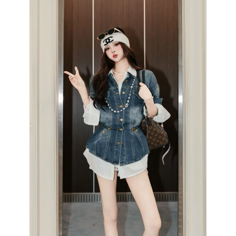 تصميم الخصر مقصوص طويلة الأكمام الدنيم سترة المرأة فضفاضة صغيرة الحجم أناقة معطف رعاة البقر الإناث