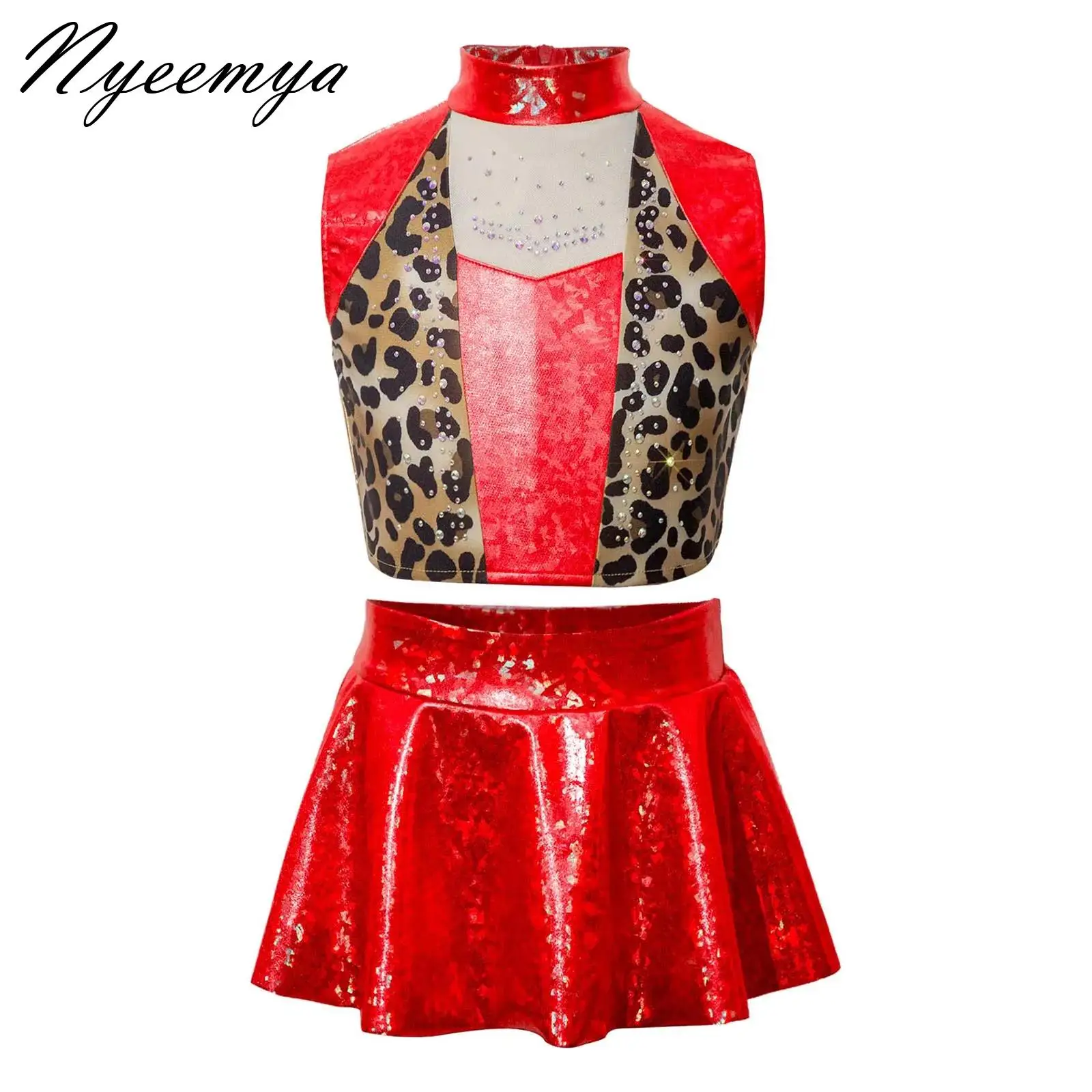 

Kids Shiny Girls Rhythmic Gymnastics Set Jazz Dance Performance Costume Crop Top+Skirts Athletic Activewear Ballet Dance Outfits