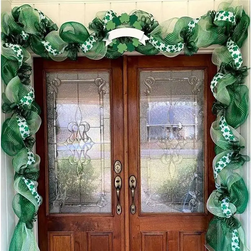 2026 HOT 4 Roll St. Patrick's Day Poly Mesh Ribbon Green White Wired Edge Ribbon 10 Inch X 30 Feet Poly Deco Mesh Ribbon