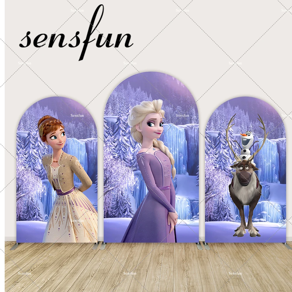 

Winter Snow Frozen Theme Arch Backdrop Cover Purple Anna Elsa Princess Girls Birthday Party Background Dessert Table Banner