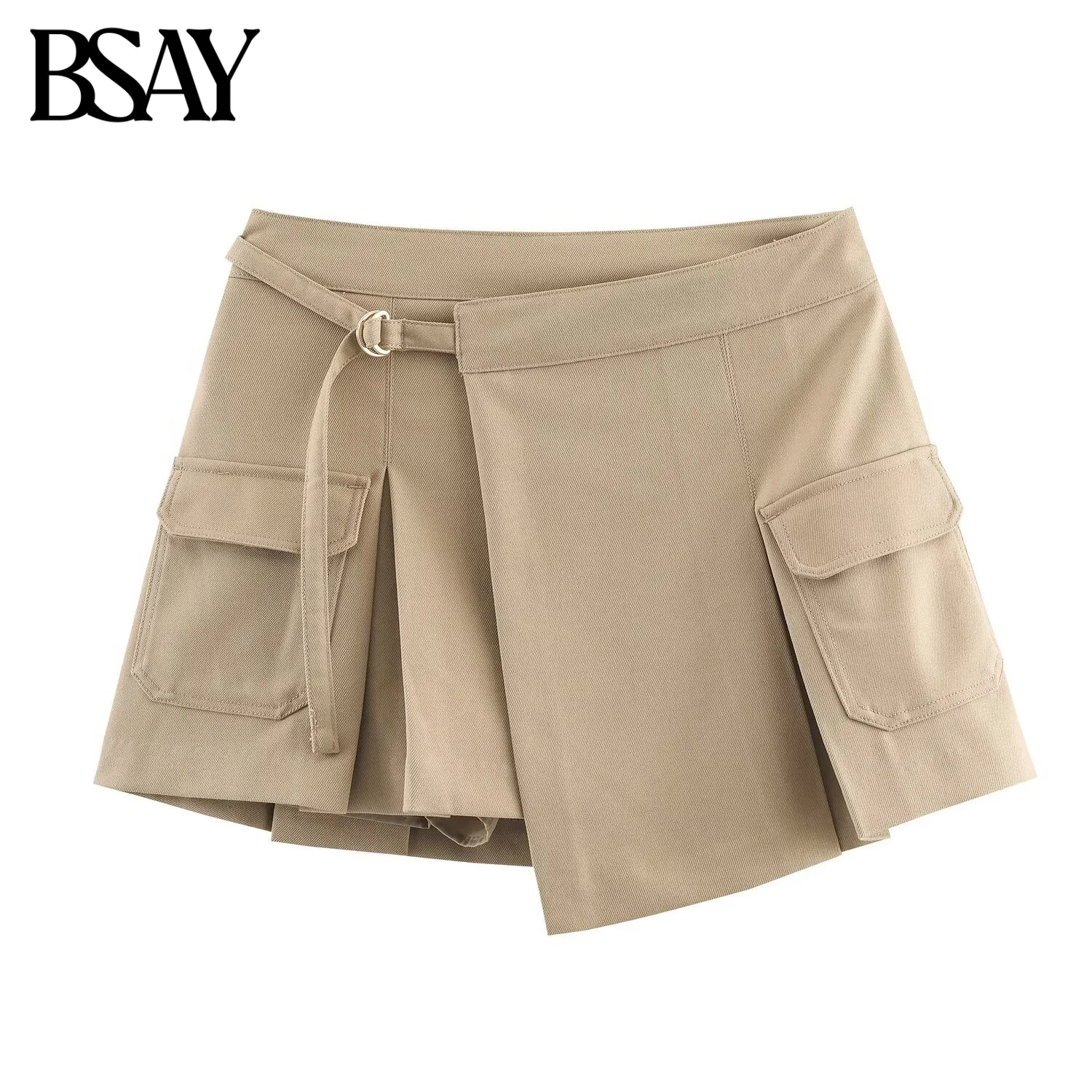 Spodenki damskie BSAY, modne na jesień i zimę, nowe, asymetryczne, jednolite, z kieszeniami, boczny zamek, średni stan, spódnico-spodnie w kształcie litery A.
