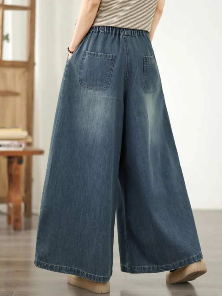 

Oversized Spring Denim Pants Women Flower Floral Embroidery Modis Loose Wide Leg Ladies Trousers Elastic High Waist Woman Jeans