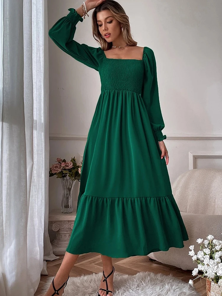 Imagem -05 - Vestido Longo para Mulheres de Verão Outono Feminino Gola em u Vestido de Manga Cheia Senhoras Sólido Elegante Vestido de Cintura Alta Casual Robe Longue