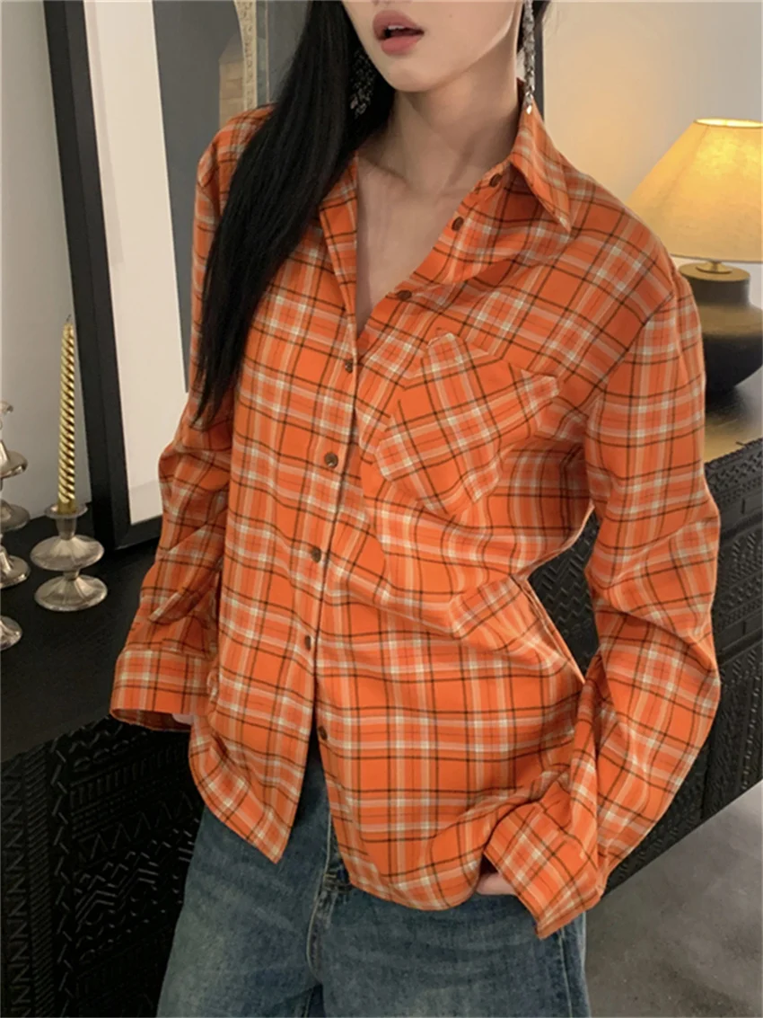 

Alien Kitty Orange Women Shirts Autumn Plaid Chic Loose Full Sleeve New Daily Vintage 2024 Office Lady Fashion Casual Coats