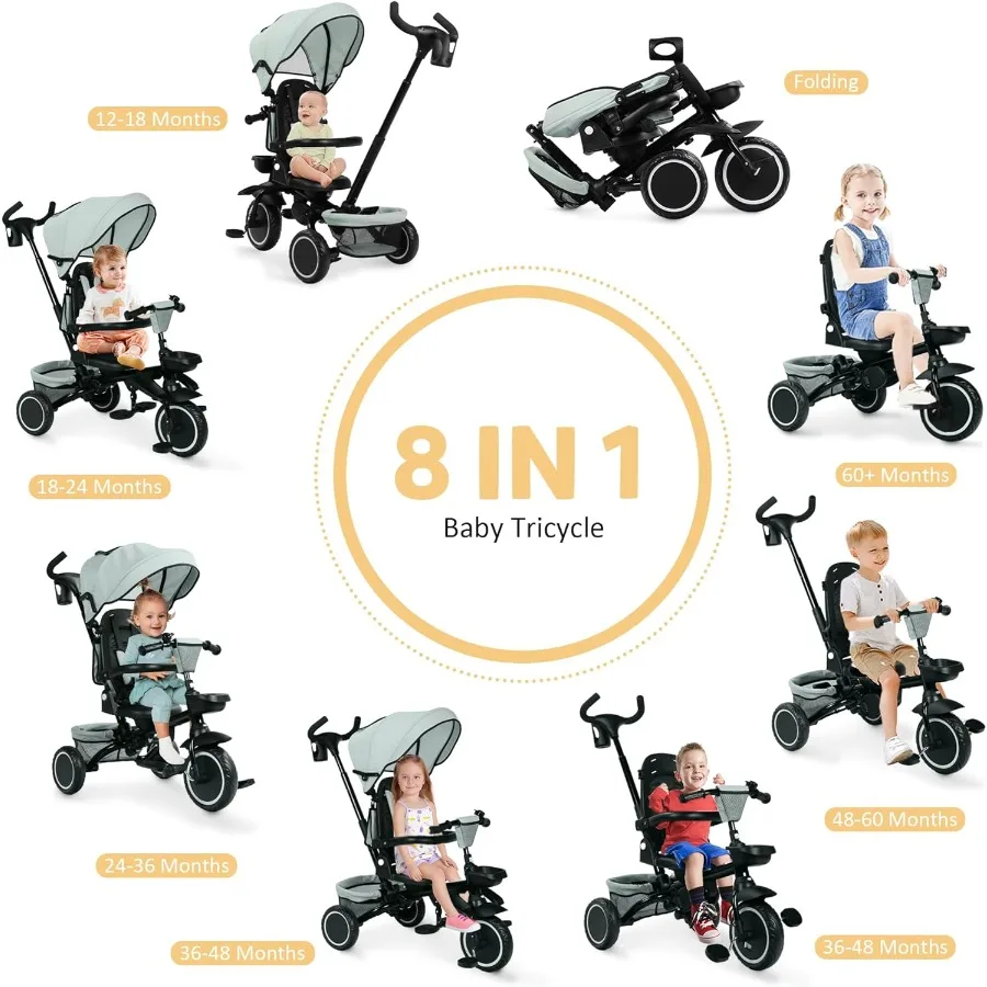 折りたたみ三輪車 8 in 1 ベビー三輪車 取り外し可能で調整可能なキャノピー付き 親用ハンドル 5点式安全ハーネス 幼児用自転車 ストローラー