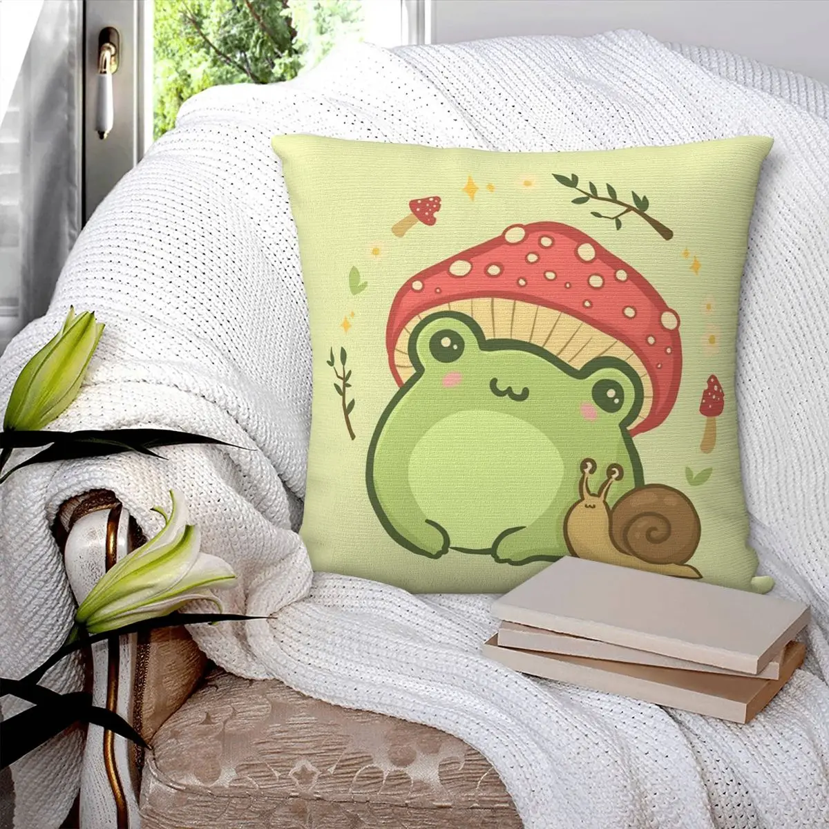 Frog With Toadstool Mushroom Hat And Snail Cottagecore Square Pillowcase Pillow Cover Cushion Throw Pillow for Home Living Room