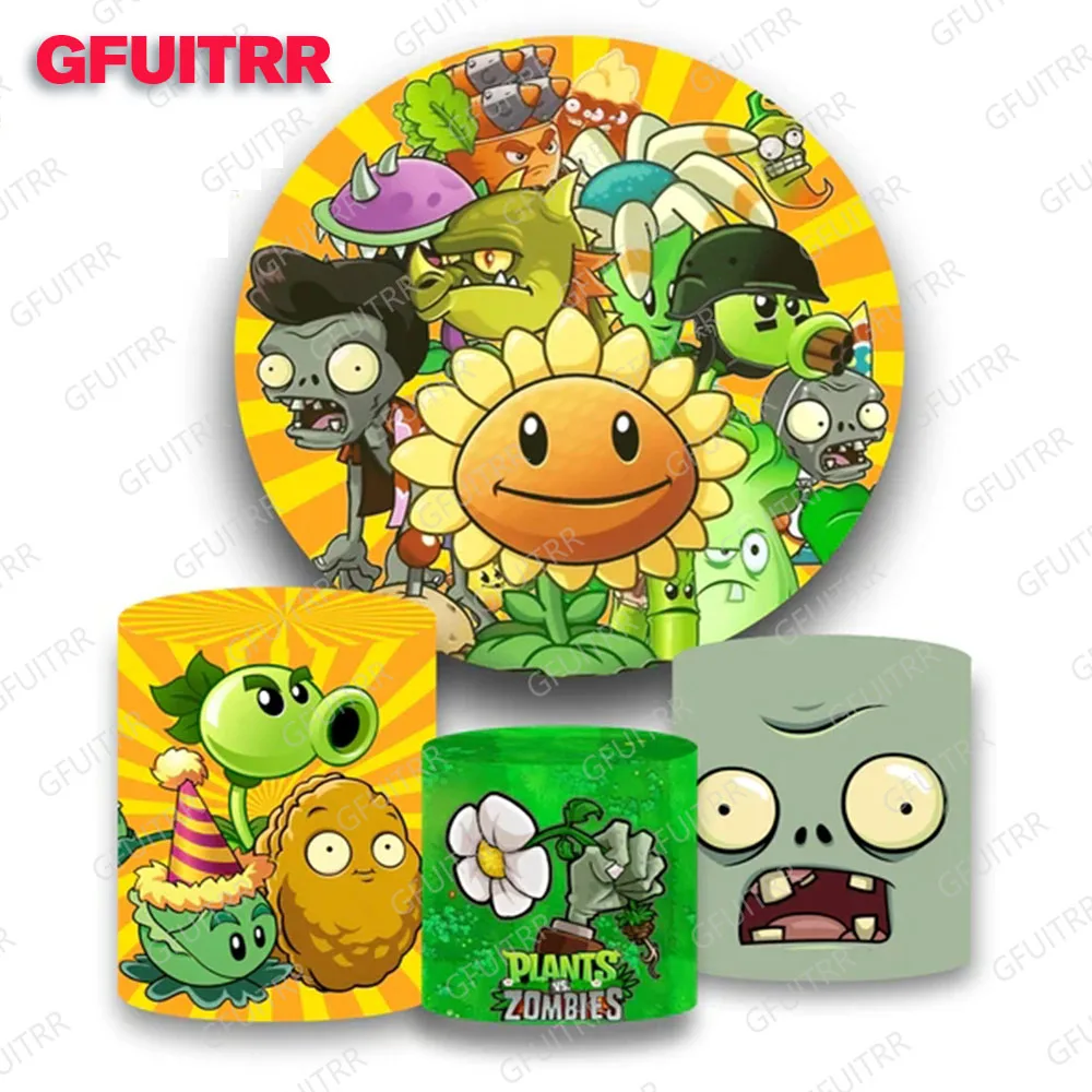 Plants and Zombies Round Backdrop Kids Party Sunflower Decoration Photography Background Cylinder Cover Baby Shower Prop