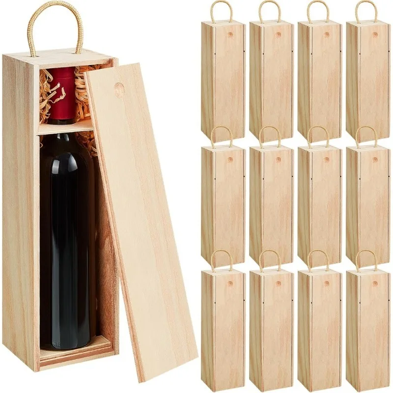 

Christmas Wooden Wine Box Unfinished Wood Crate with Twine Handle DIY Gift Box for Wine Bottle Birthday Wedding Thanksgiving