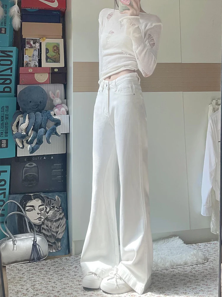 American Sle Vita alta Bell Bot Jeans Donna Bianco Estate Nuovi pantaloni larghi a gamba larga drappeggiati dimagranti