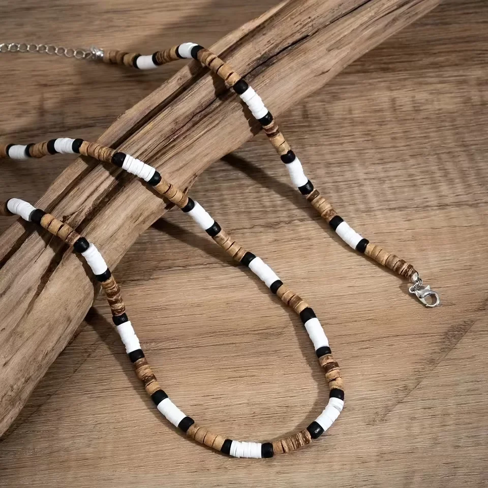 2 PCS Vintage Surfer Beaded Bracelet Necklace Set For Men Boho Layered Necklace For Casual & Beach Wear - view 3