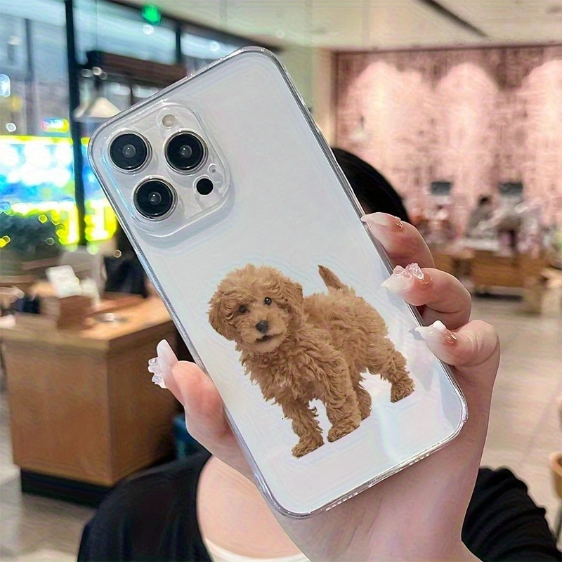 New transparent material, cute curly puppy creative pattern, fashionable and charming printing. iPhone16Pro, 15 14 13 12Pro Max