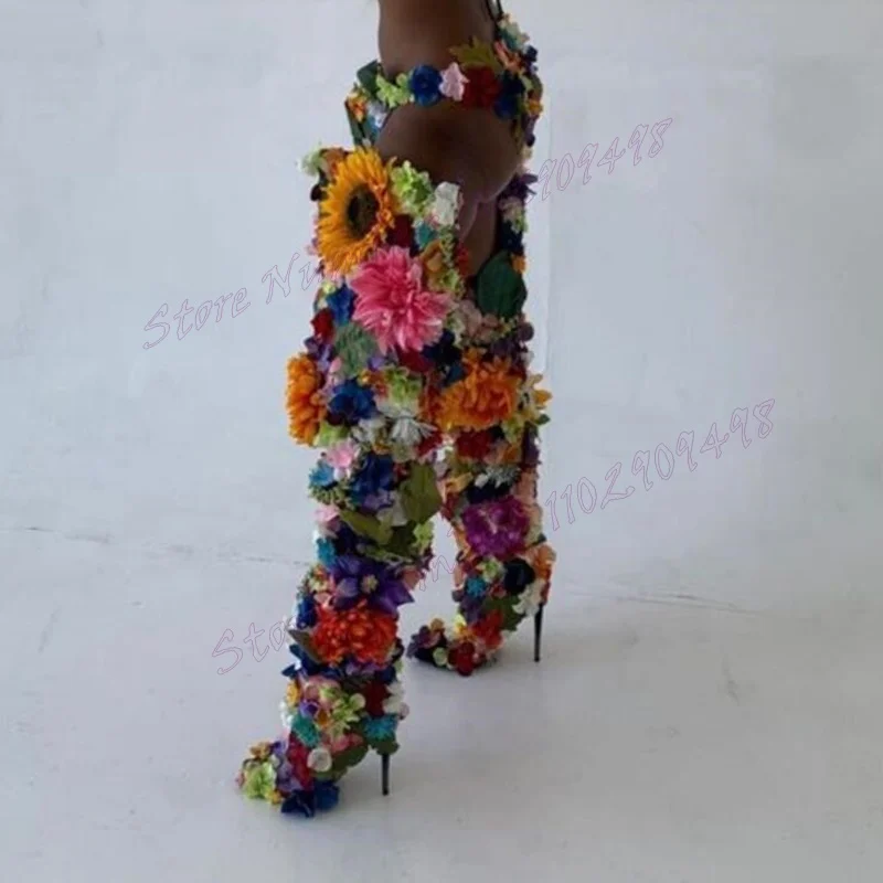 Stivali sopra il ginocchio con fiori colorati scarpe a punta per donna tacchi a spillo tacchi alti scarpe da pista Sexy 2024 Zapatos Para Mujere