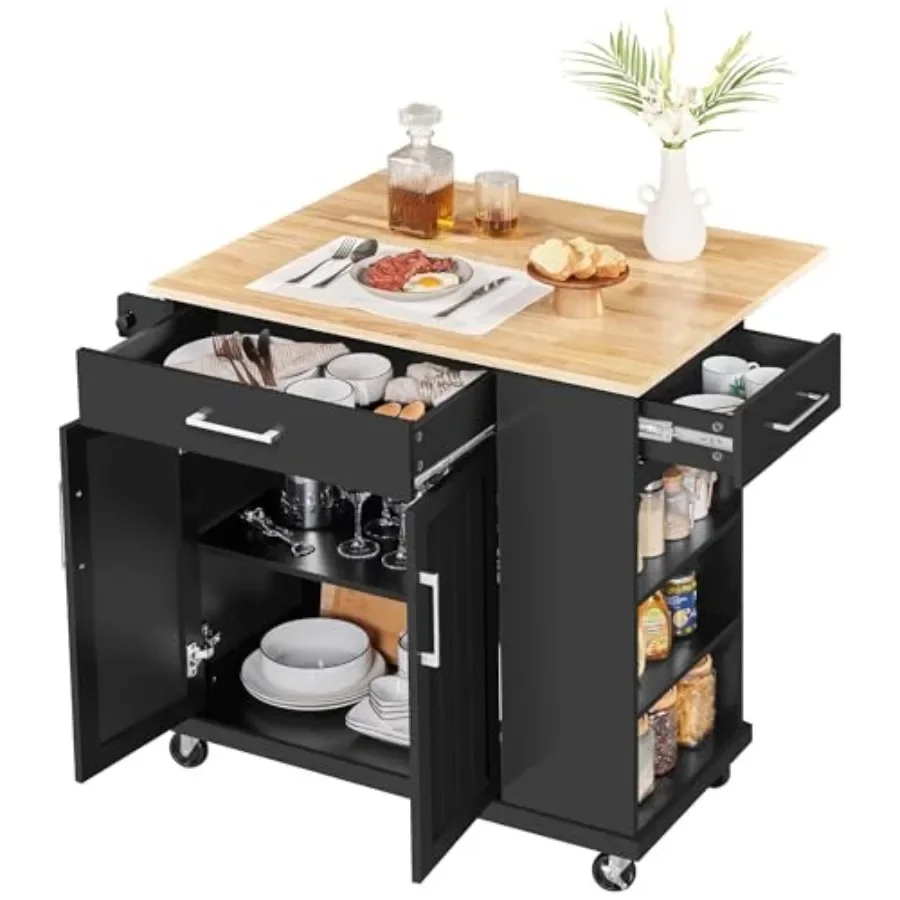Kitchen Island Cart with Storage, Drop Leaf, Open Shelves: stainless steel frame, matte black finish, compact design for small