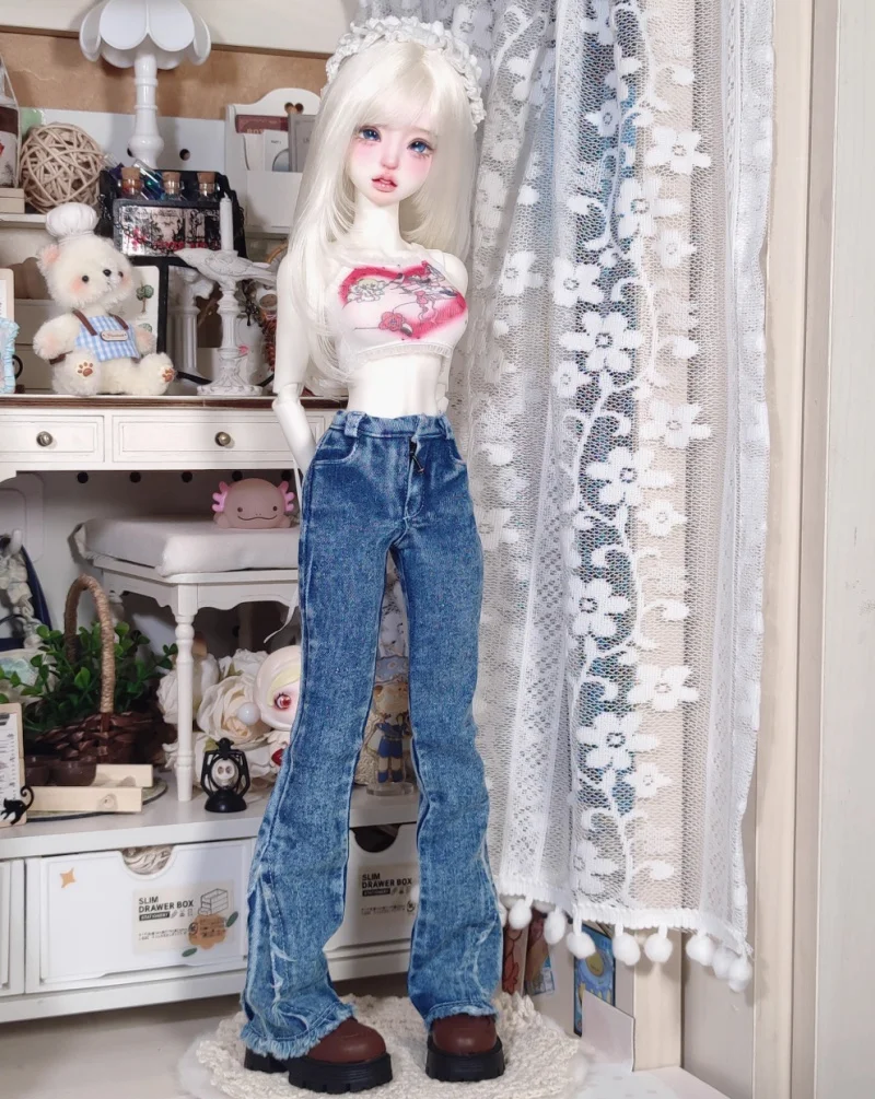 bjd doll clothes suitable for 1/4 size all-in-one wash denim bell-bottom micro-cut + love strap doll accessories