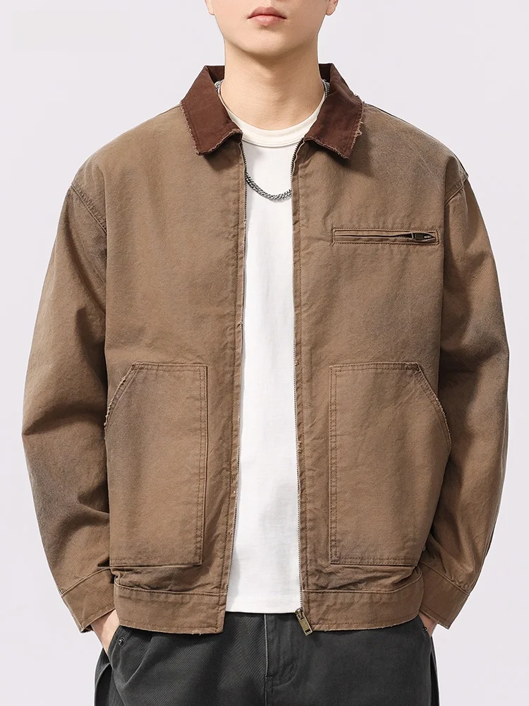 

American Retro Workwear Jaet Loose Fit Casual Outerwear Spring Season Men's Faion Brand Khaki Work Jaet Long Sve Zip...