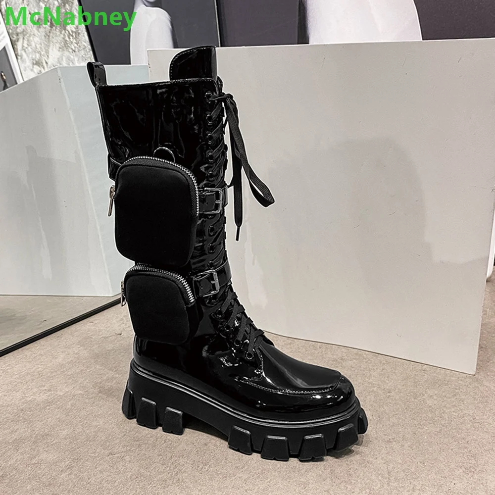 Black Package Design Thick Sole Boots For Female Women Luxury Round Toe Lace-up Mid-calf Handmade Fashion Solid All-match Shoes