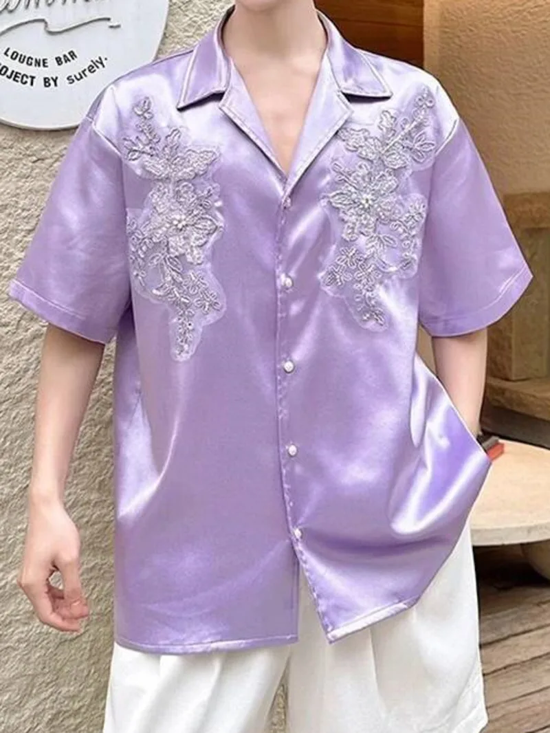 Jacquard Men's Embroidered Shirt Light Purple Satin Beaded Summer Niche Blouse Loose Casual Summer Short Sleeve Tops VKX6