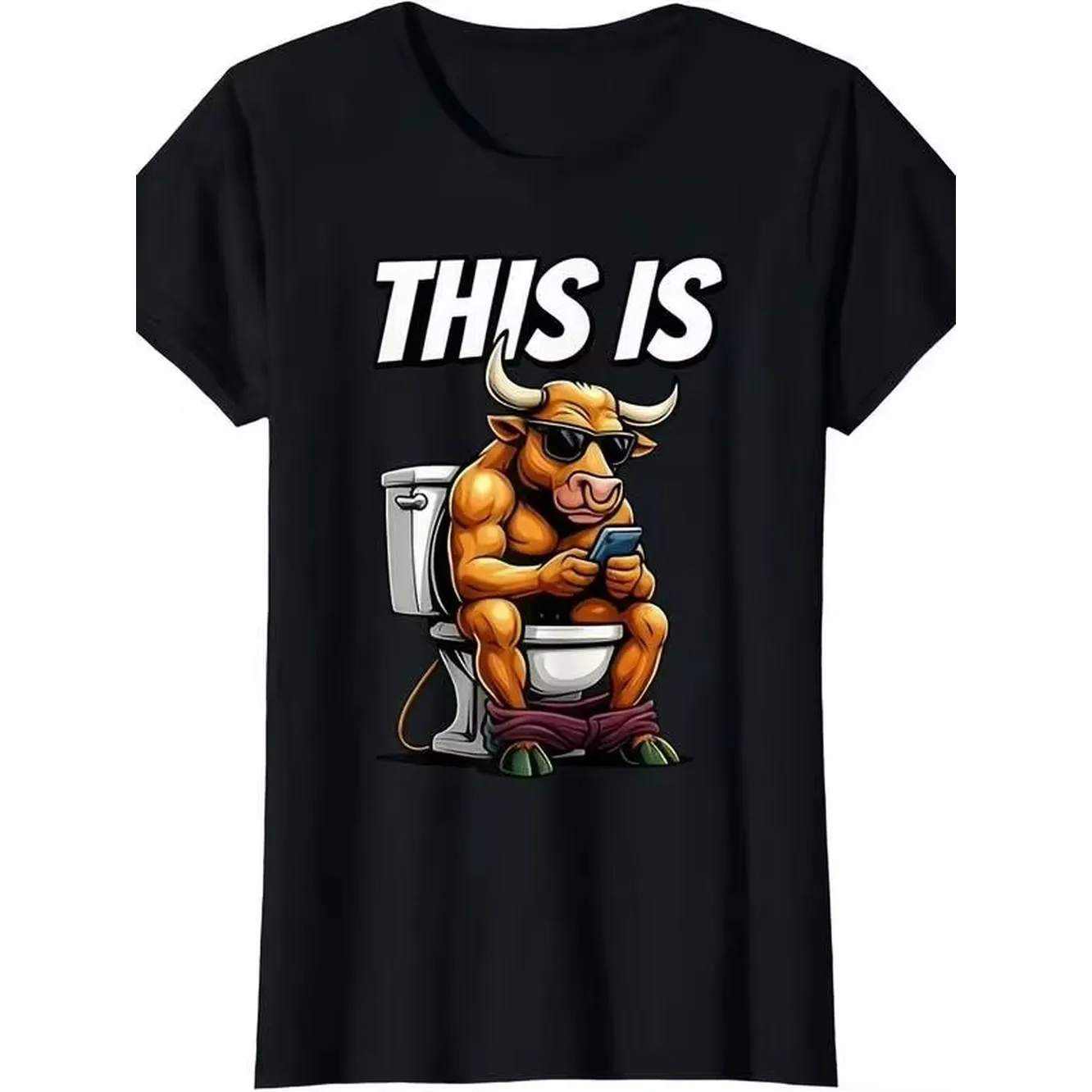Funny Bull Sitting On Toilet T-Shirt - This Is Bull Humor Slogan - Men's & Women's Black 220gsm Heavy Cotton Crewneck Tee With Bull On Toilet & Smartphone Graphic - Casual Funny Bathroom Joke Apparel