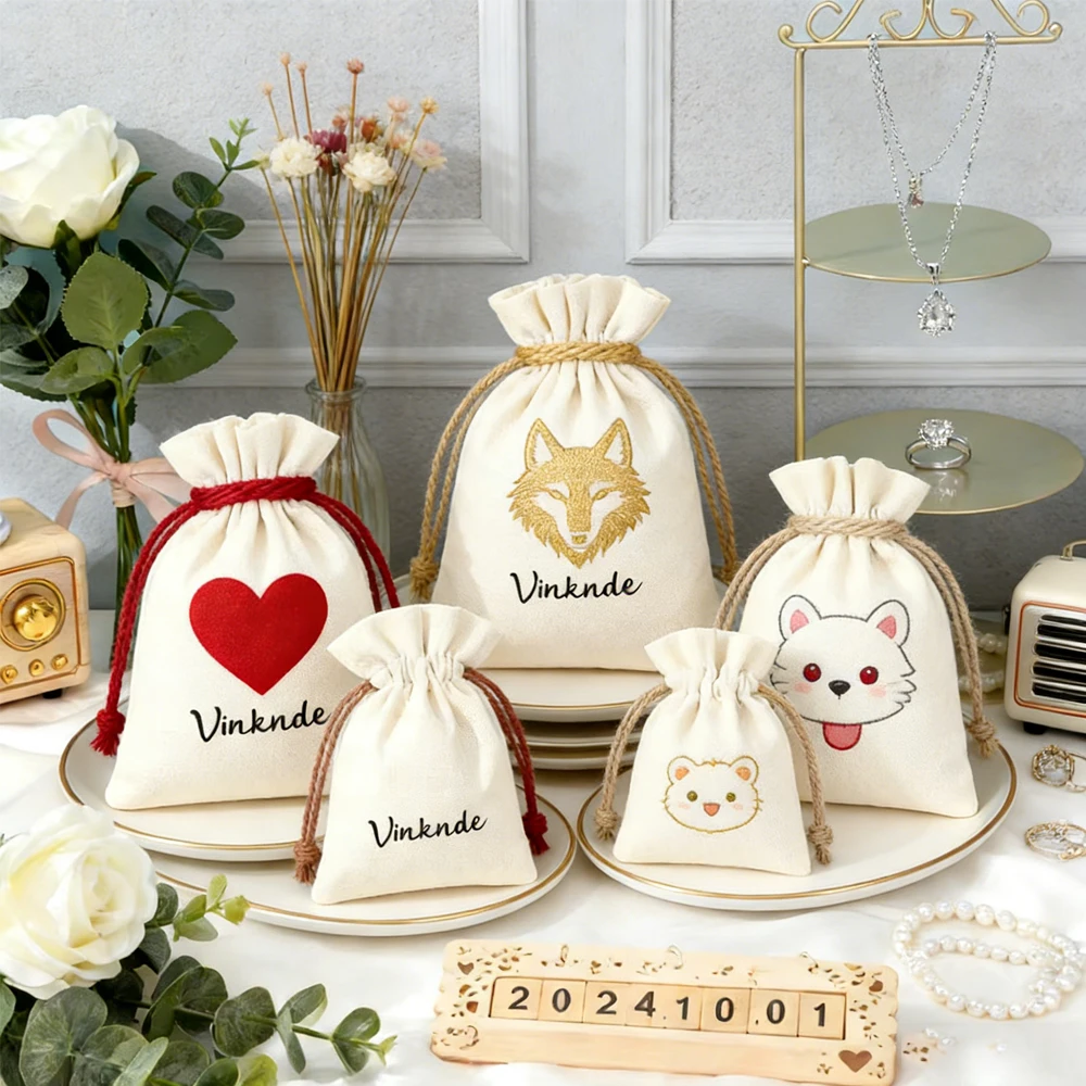 

100pack Custom Logo Recyclable Organic Cotton Drawstring Bag Soft Small Jewelry Rings Necklaces Pouch for Wedding Daily Storage