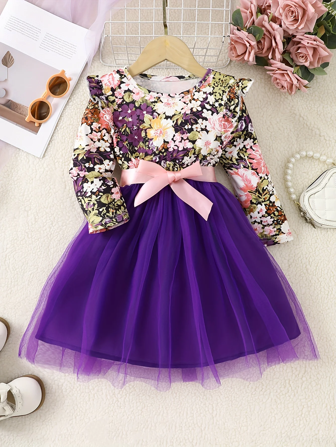 Girls' Knitted Round Neck Long Sleeve Floral Print Mesh Dress Party Princess Dress