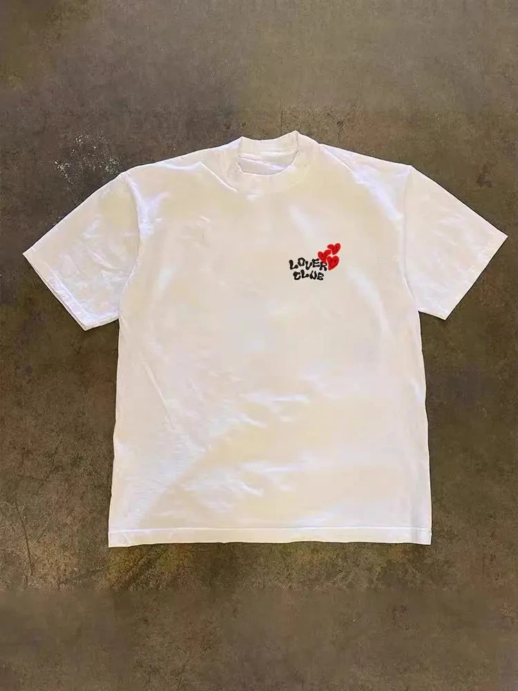 Smiley Heart Graphic Print T-shirt Men Cotton Short Sleeve Y2K Cute Love Heart Loose Oversized Streetwear Casual Daily Tops