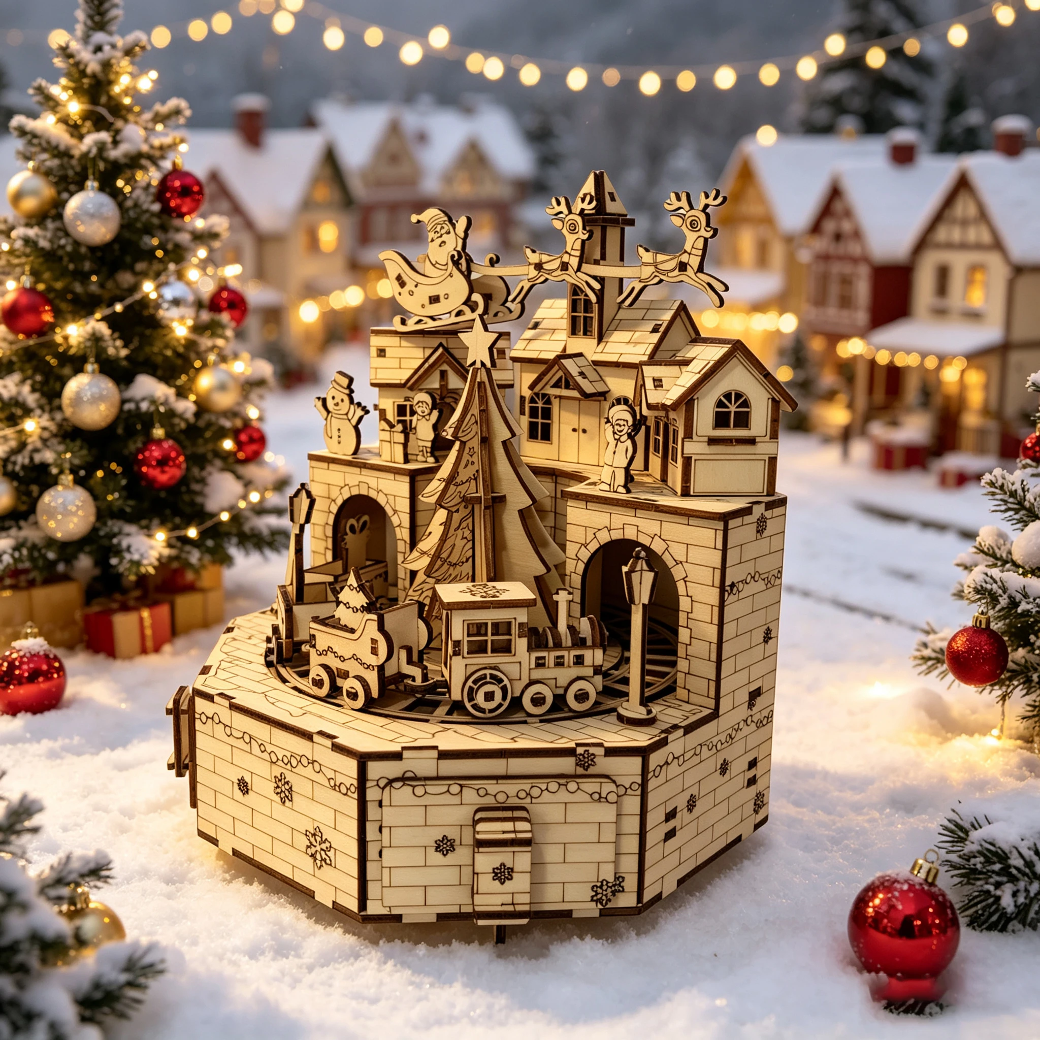 Wooden Christmas Town 3D Puzzl - Music Box Wooden 3D Puzzle Rotating 评论和价格