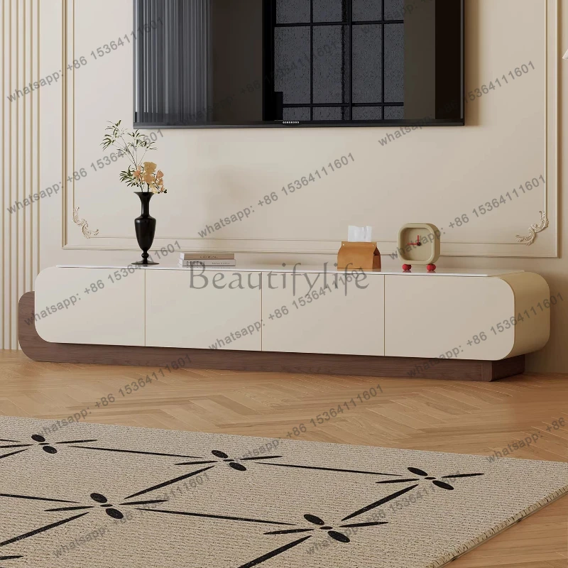 French retro small apartment white TV cabinet retractable microcrystalline stone living room floor type