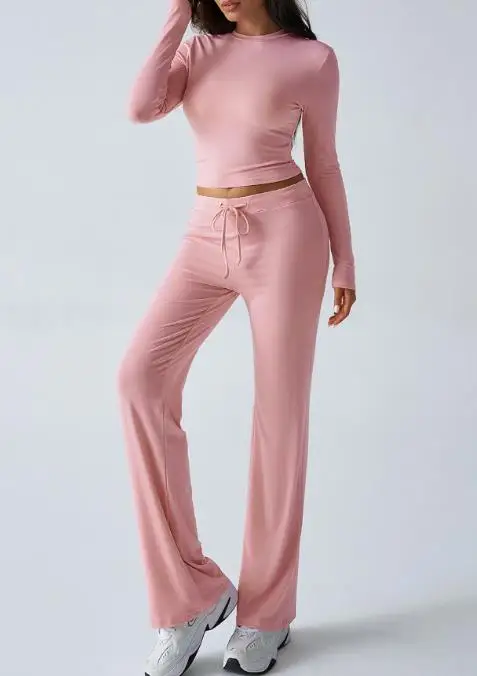 

Gym Clothes Woman Set Sports Yoga O-Neck Long Sleeved Knitted Short Top High Waist Drawstring Micro Horn Casual Sports Pants Set